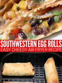southwestern egg rolls cut in half on plate and cooked whole in an air fryer basket