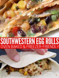 southwestern egg rolls cut in half on plate and hand rolling tortilla over southwest egg roll filling on cutting board