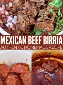 shredded beef in birria broth in a bowl, and cooked birria in a large pot