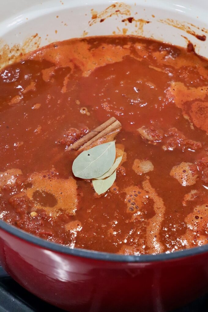 cinnamon stick and bay leaves on top of birria stock in large pot