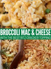 baked broccoli mac and cheese with ritz cracker topping in casserole dish with large serving spoon