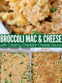 broccoli mac and cheese in casserole dish, topped with ritz cracker topping and in large serving spoon