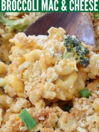 baked broccoli mac and cheese in casserole dish with large serving spoon