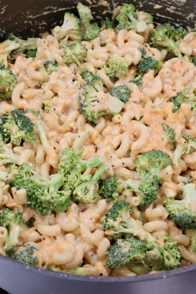 cooked macaroni noodles and broccoli florets tossed with cheese sauce in large pan