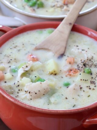 chicken pot pie soup in bowl with spoon