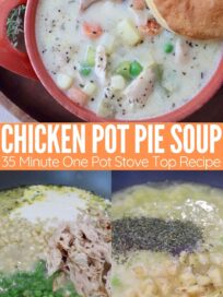 chicken pot pie soup in pot on the stove and in bowl with spoon and biscuit