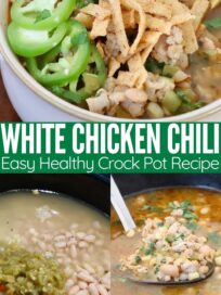 white chicken chili in crock pot and in bowl with toppings