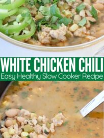 white chicken chili in crock pot with ladle and in bowl with toppings