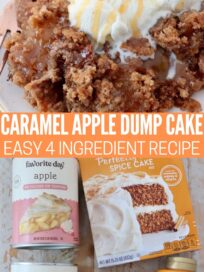 baked caramel apple dump cake on plate with ice cream, and ingredients for the dump cake on a white wood board