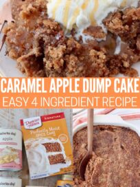 baked caramel apple dump cake in a baking dish, and on plate with ice cream, and ingredients for the dump cake on a white wood board