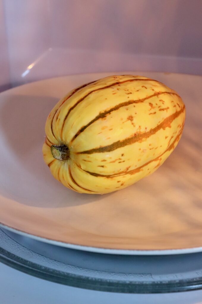 whole delicata squash on plate in microwave