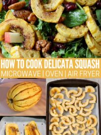 cooked, sliced delicata squash on salad, raw delicata squash on plate, in air fryer basket and sliced on a baking sheet