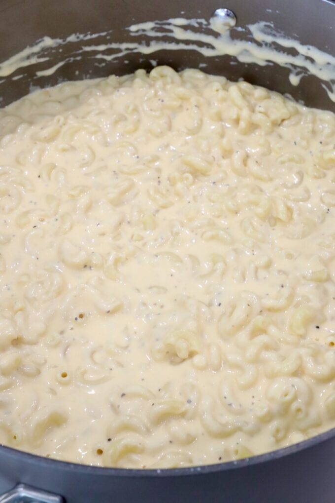 cooked macaroni and cheese in a large pot