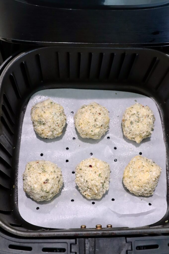 breaded mac and cheese bites in air fryer basket