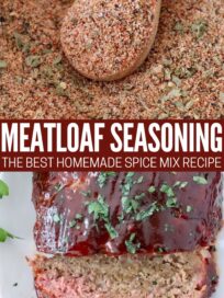 meatloaf seasoning in bowl with spoon and cooked meatloaf sliced on plate