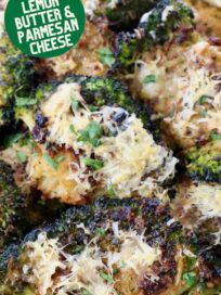 roasted smashed broccoli topped with parmesan cheese on plate