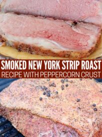 smoked new york strip roast on smoker and sliced on wood serving tray