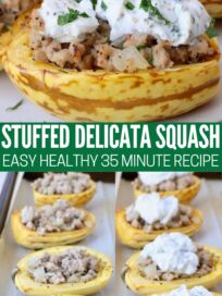 roasted delicata squash cut in half stuffed with ground chicken sausage and ricotta cheese on baking sheet and on plate