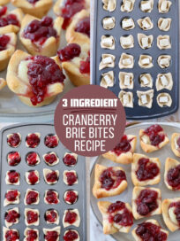 Top view of cranberry Brie bites at various stages of preparation in muffin tins, with a circular label reading "3 Ingredient Cranberry Brie Bites Recipe."