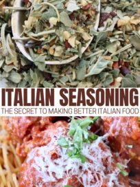 collage with two images with Italian seasoning in a bowl with a spoon and a large meatball tossed in sauce in a bowl of cooked spaghetti noodles