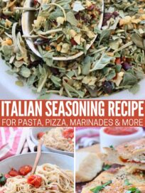 collage of three images with Italian seasoning in a bowl with a spoon, a bowl of pasta with tomatoes and cheese, and a calzone cut in half on a wood serving board