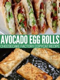 avocado egg rolls on plate with a small bowl of ranch dressing and fried in oil in a large skillet