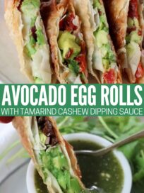 avocado egg rolls on plate and dipped into tamarind cashew dipping sauce in a bowl