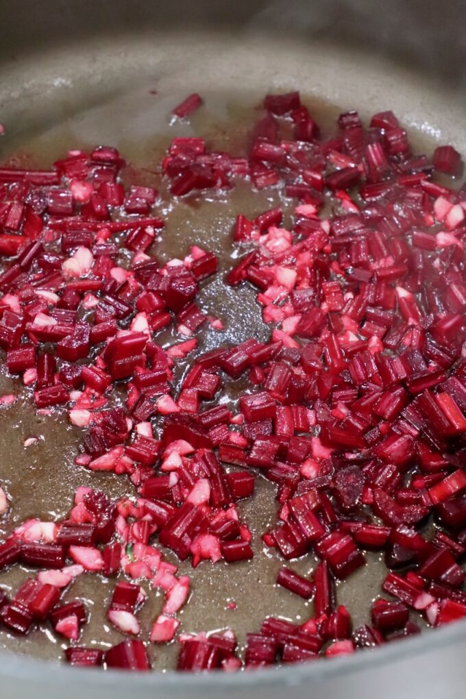 minced beet stems in a large pot