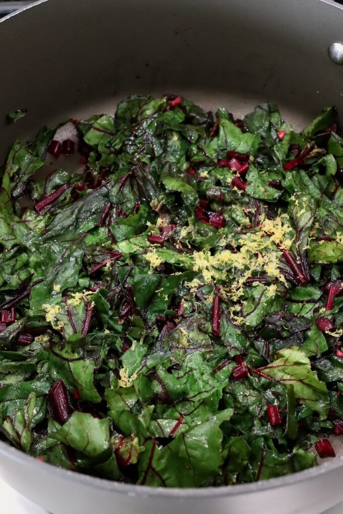 sauteed beet greens in a large pot