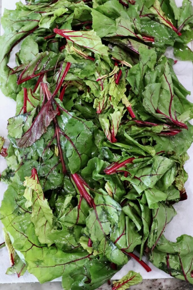 washed beet greens on paper towels