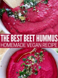 beet hummus in bowl with spoon and with pita bread dipped into the hummus
