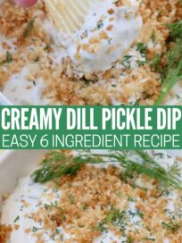 pickle dip in bowl topped with toasted breadcrumbs and fresh dill with chip dipped in the dip