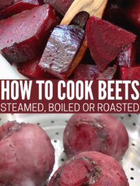 steamed beets in steamer basket in pot and diced in bowl with fork