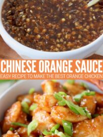 orange sauce in bowl and orange chicken in bowl topped with diced green onions