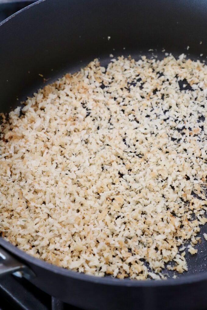 toasted breadcrumbs in skillet on stove