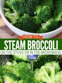 steamed broccoli in steamer basket and in bowl