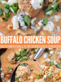 buffalo chicken soup in skillet and in bowl with spoon