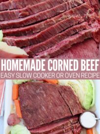 sliced cooked corned beef on platter with carrots, cabbage and red potatoes