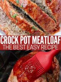 cooked meatloaf sliced on plate and uncooked meatloaf brushed with bbq sauce in Crock Pot
