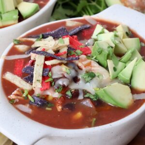 southwest chicken soup in bowl topped with tortilla strips and diced avocado