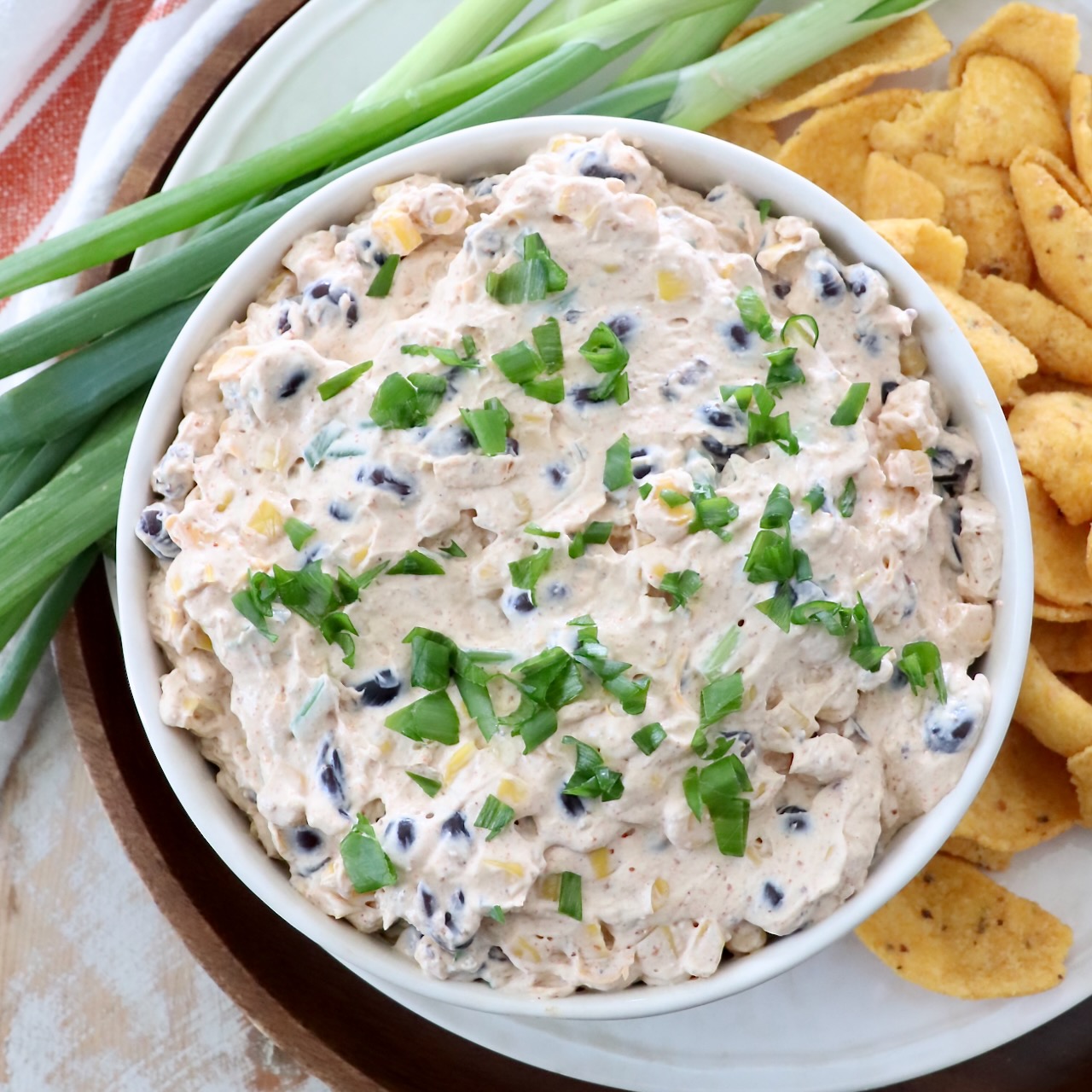southwest dip in bowl topped with diced green onions