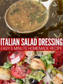 Italian dressing in bowl with spoon and tossed with salad in a serving dish