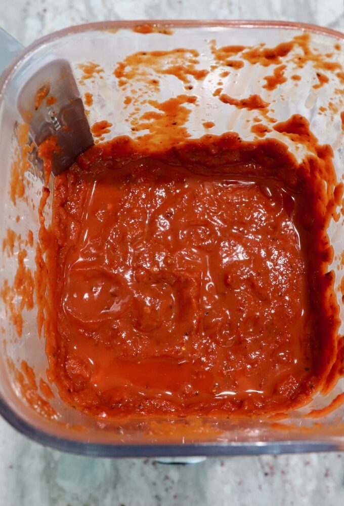 pureed chili tomato sauce in blender
