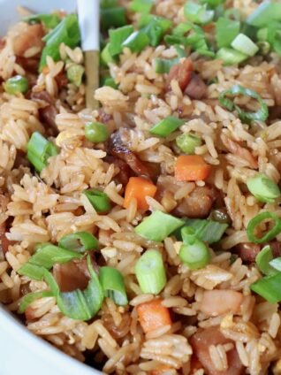 ham fried rice in bowl topped with diced green onions