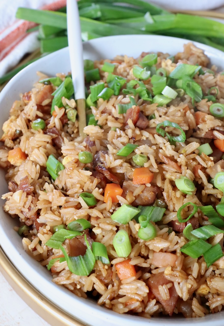 ham fried rice in bowl with spoon