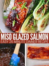 collage of images with miso glaze in a small pot with a blue spatula, glazed pieces of uncooked salmon on a baking sheet, and cooked, glazed salmon in a bowl with rice, baby bok choy and a fork