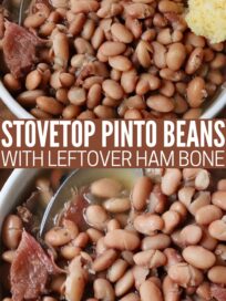 cooked pinto beans in bowl with spoon