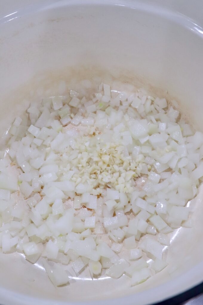 diced onions and minced garlic in large pot