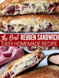 Reuben sandwich cut in half on plate