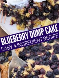 blueberry dump cake on plate with ice cream scoops and in baking dish with serving spoon